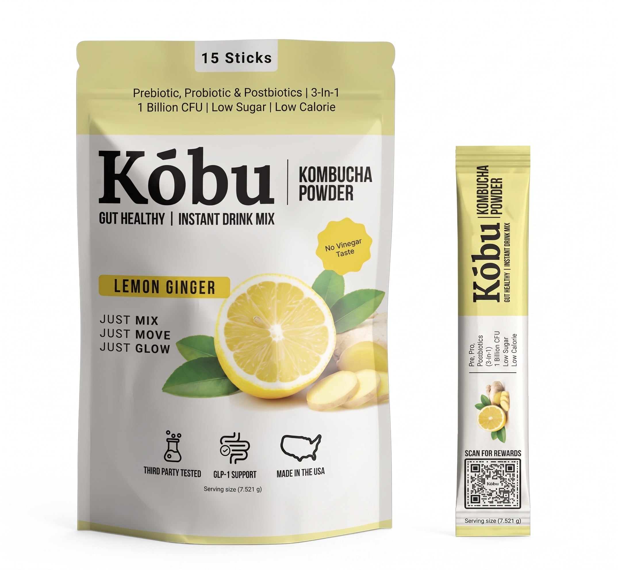 Kōbu Kombucha Powder — Lemon Ginger (15 Sticks) Gut Support