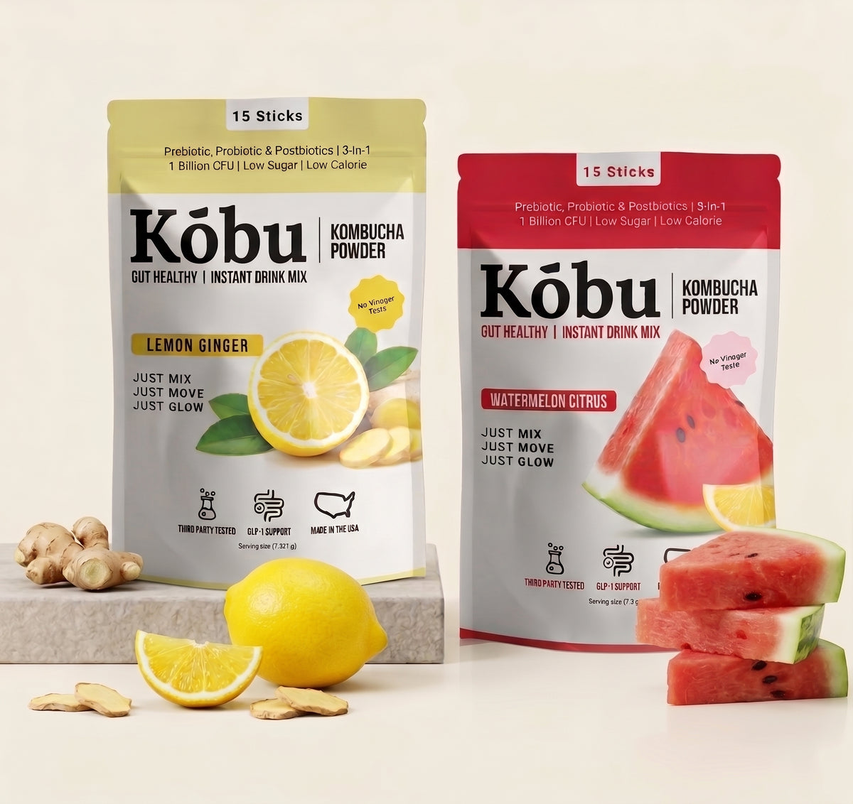 Kōbu Kombucha Powder Variety Pack (30 Sticks) – Watermelon Citrus & Lemon Ginger | Gut Support & Probiotic