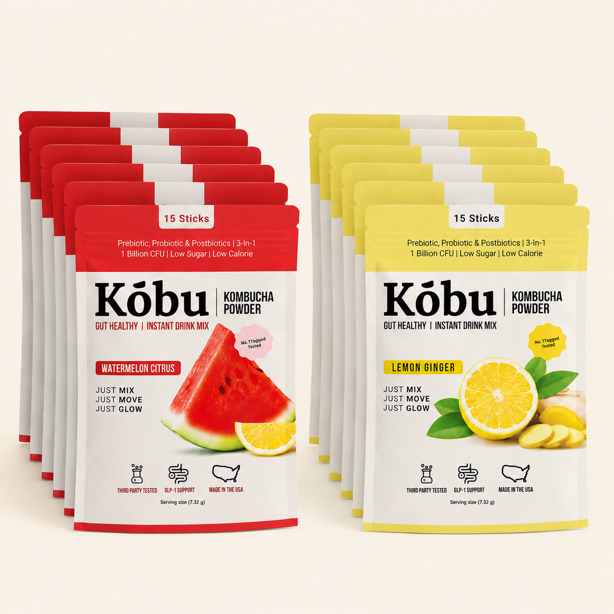 Kōbu Kombucha Powder Variety Case (6 Watermelon Citrus and 6 Lemon Ginger Bags) 20% off