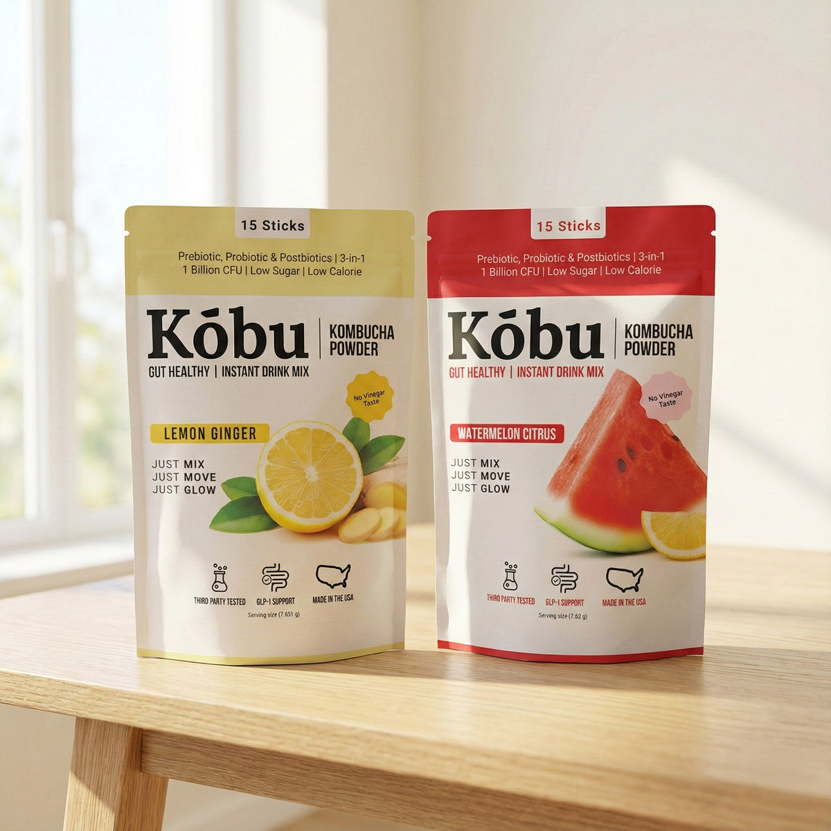 Kōbu Kombucha Powder Variety Pack (30 Sticks) – Watermelon Citrus & Lemon Ginger | Gut Support & Probiotic