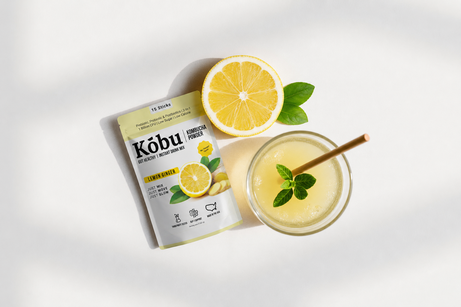 Kōbu kombucha powder sticks ready for a yoga studio hydration ritual