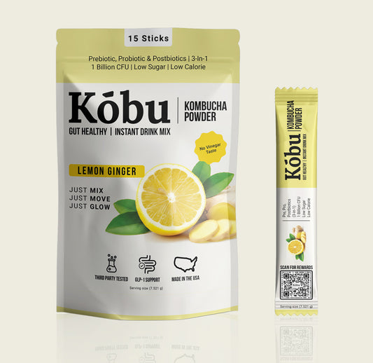 Kōbu Kombucha Powder – Lemon Ginger (15 Sticks) | GLP-1 Support | Pre + Pro + Postbiotic