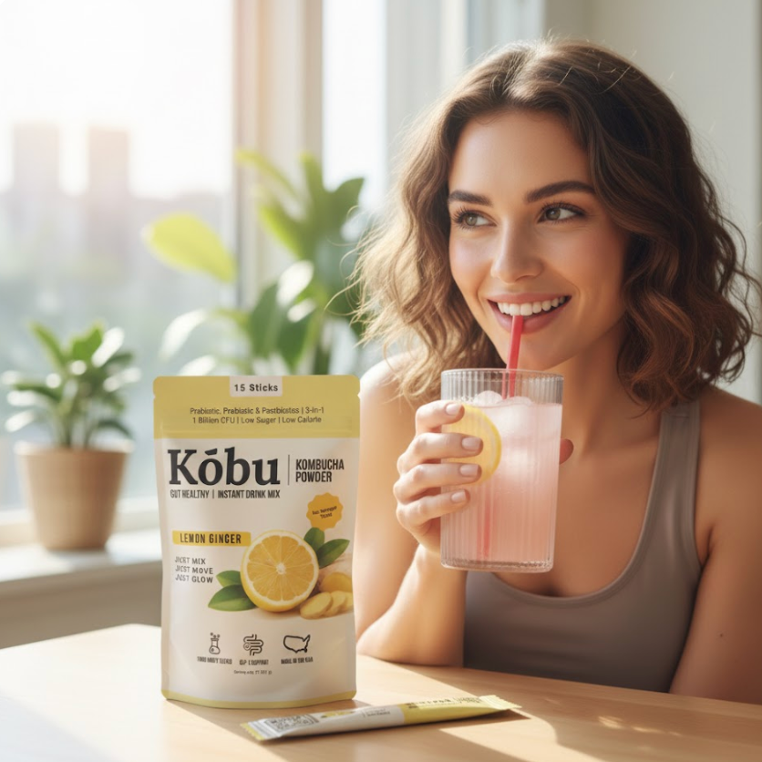 Kōbu Kombucha Powder – Lemon Ginger (15 Sticks) | GLP-1 Support | Pre + Pro + Postbiotic